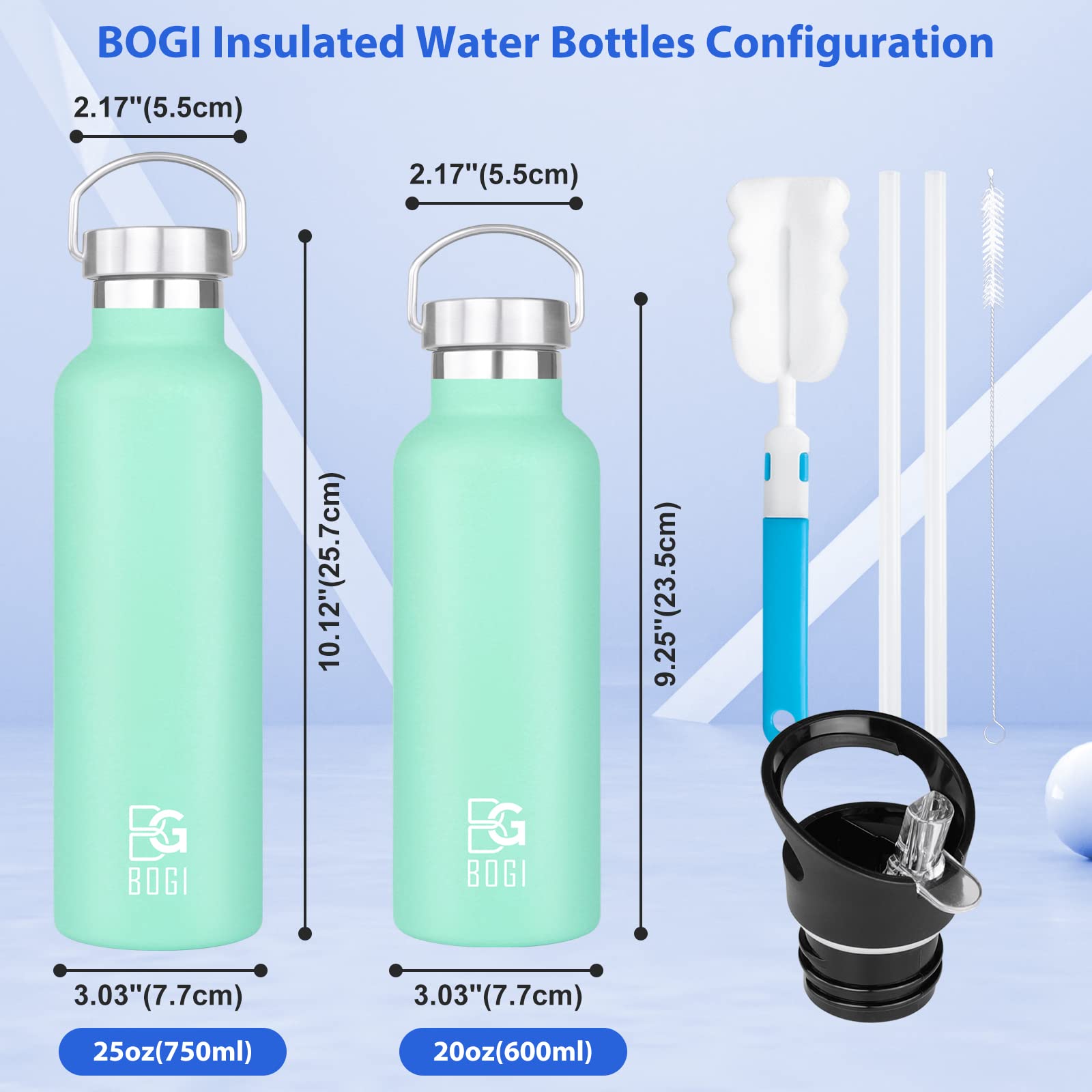BOGI Stainless Steel Water Bottle  2 Pack 20oz Vacuum Insulated Water Bottle with Straw Lid  BPA Free Leakproof Wide Mouth Water Bottle-Keep Liquids Hot or Cold for Outdoor Sports Camping (Black&Mint)